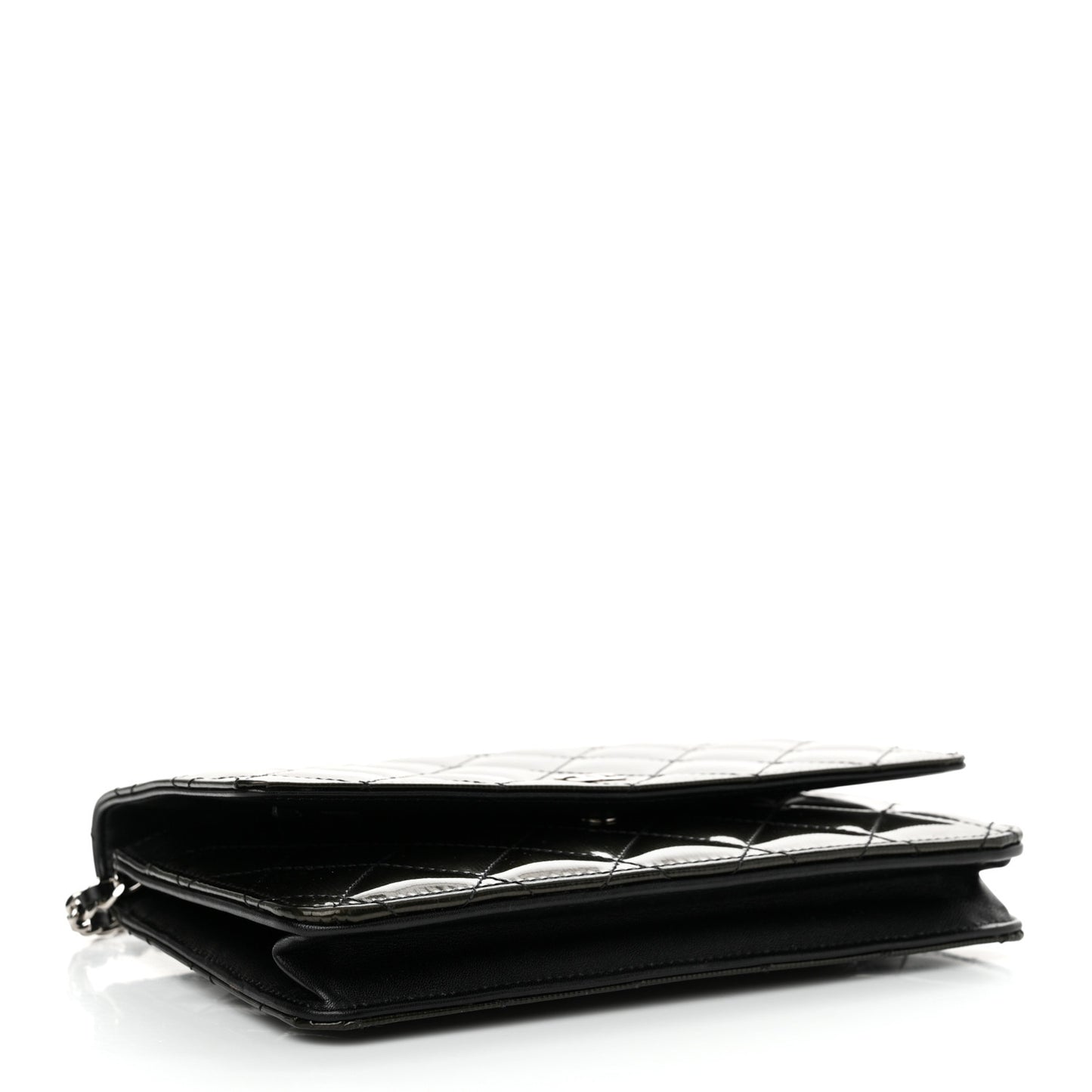 Striated Patent Quilted Wallet on Chain WOC Black