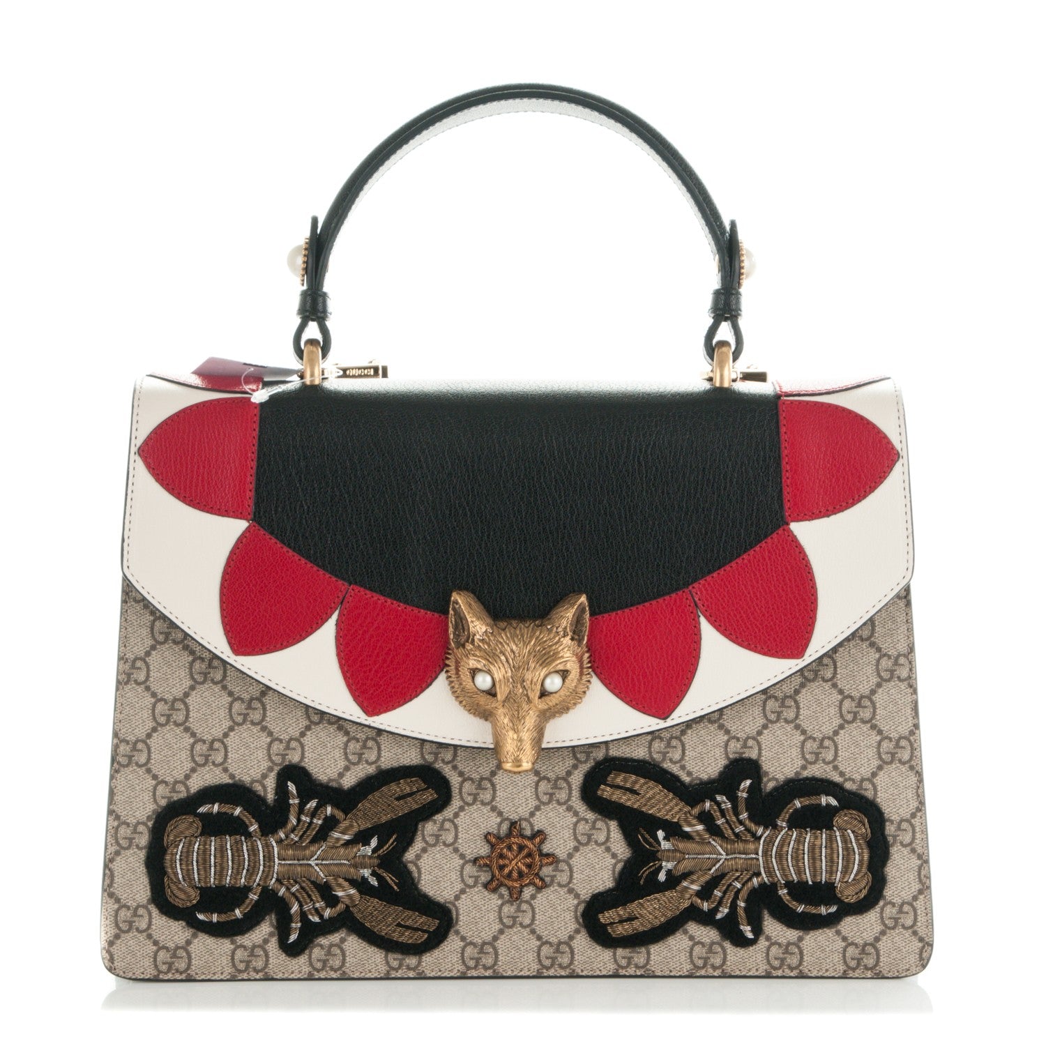 Gucci GG Supreme Monogram Goatskin Pearl Embroidered Medium Fox Broche Top Handle Bag Beige Ebony Black Hibiscus Red Mystic White 1 of 7
