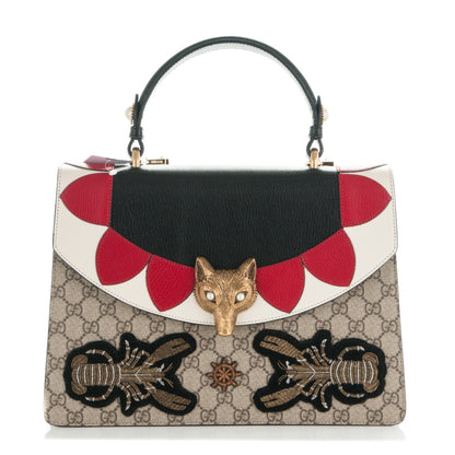 Gucci GG Supreme Monogram Goatskin Pearl Embroidered Medium Fox Broche Top Handle Bag Beige Ebony Black Hibiscus Red Mystic White 1 of 7