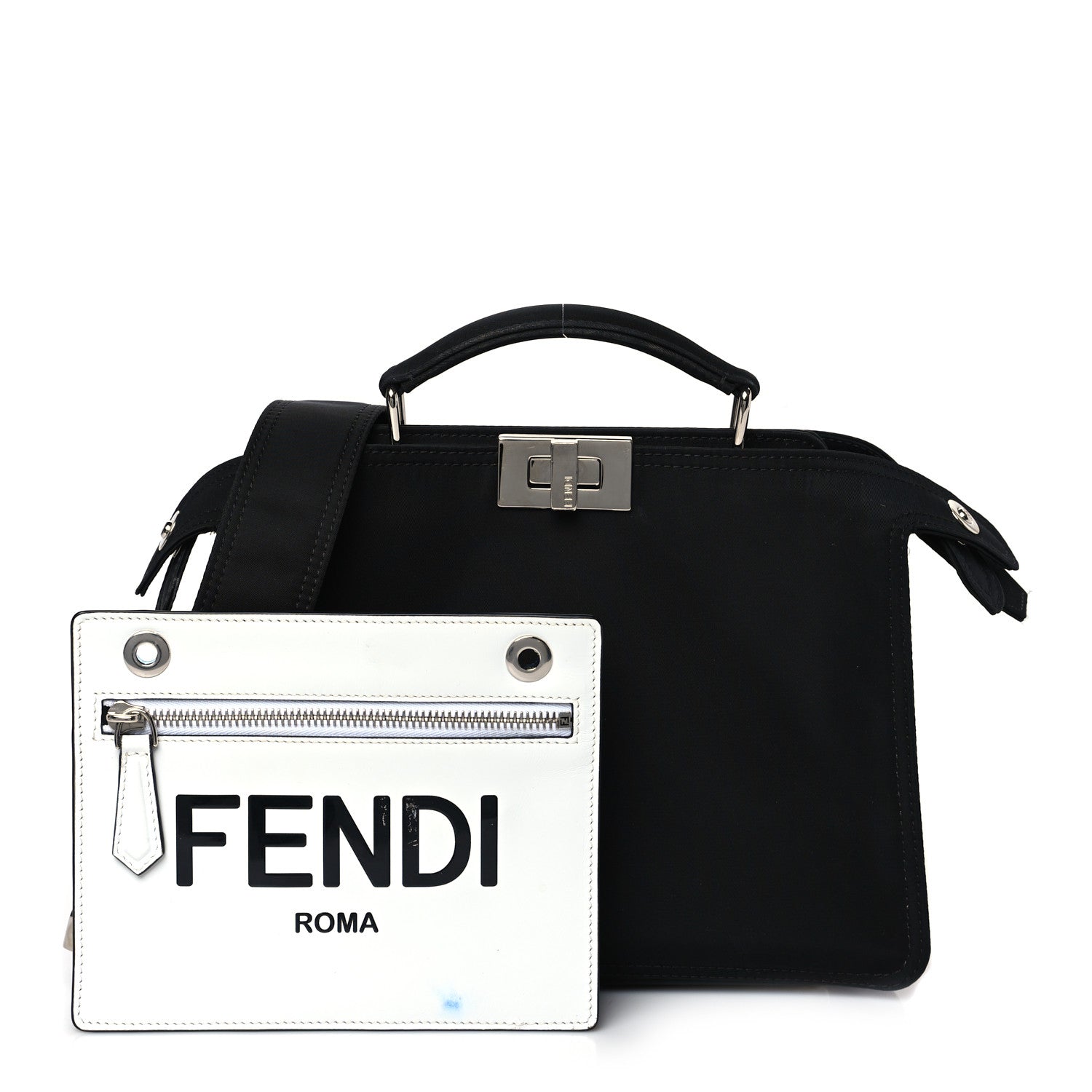 Fendi Nylon Vitello Cover Logo Embossed Mini Peekaboo I SEE U Satchel Black White 1 of 12