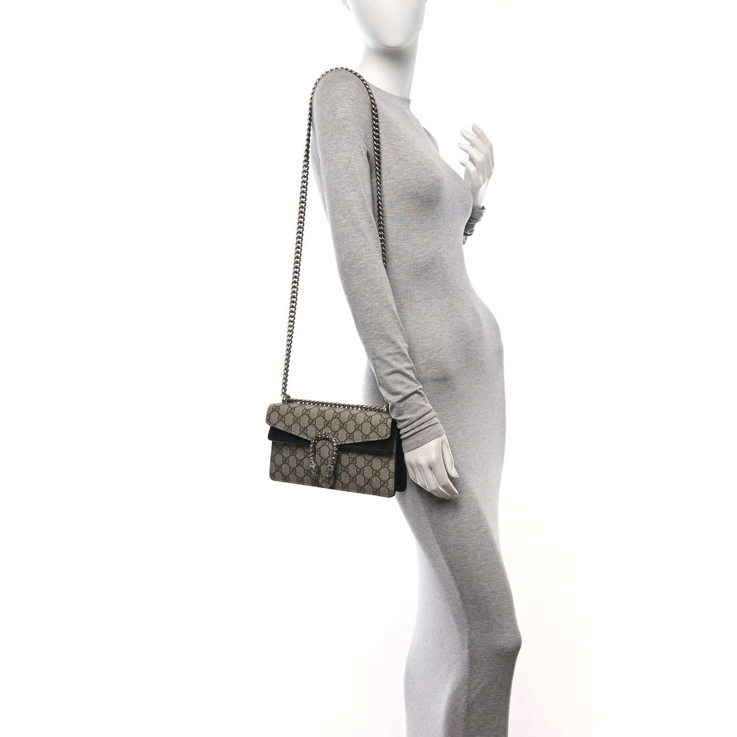 GG Supreme Monogram Suede Crystal Small Dionysus Shoulder Bag Beige Ebony Black
