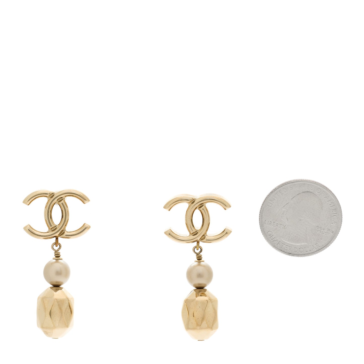 Metal Bead Pearl CC Drop Earrings Gold