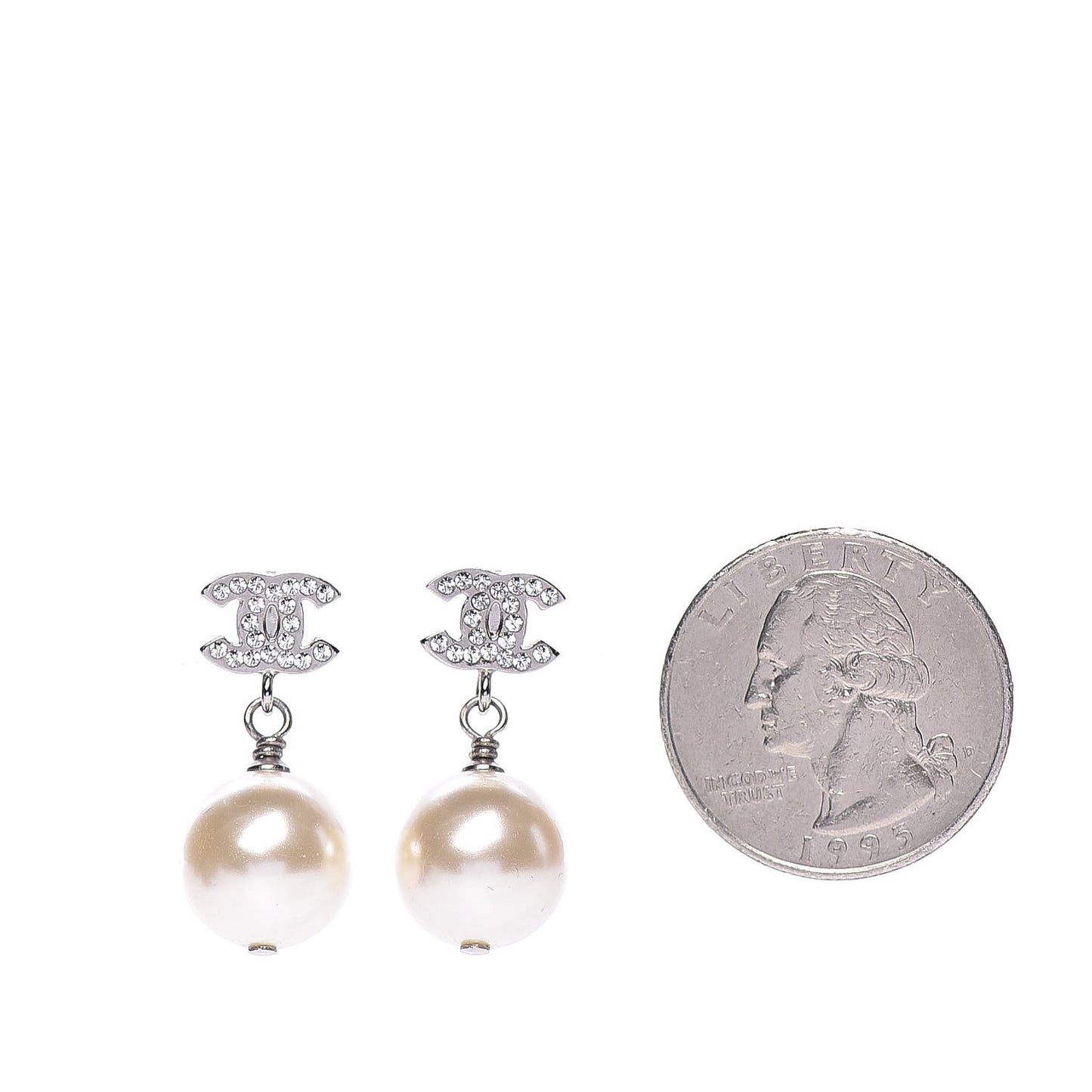 Crystal Pearl CC Drop Earrings Silver Pearly White