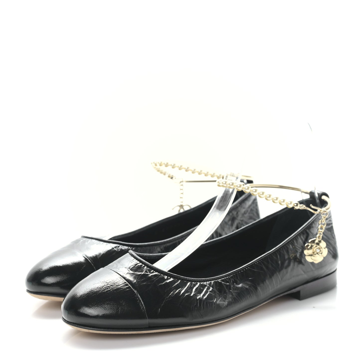 Lambskin Patent Calfskin Cap Toe Ankle Chain Ballerina Flats 38 Black