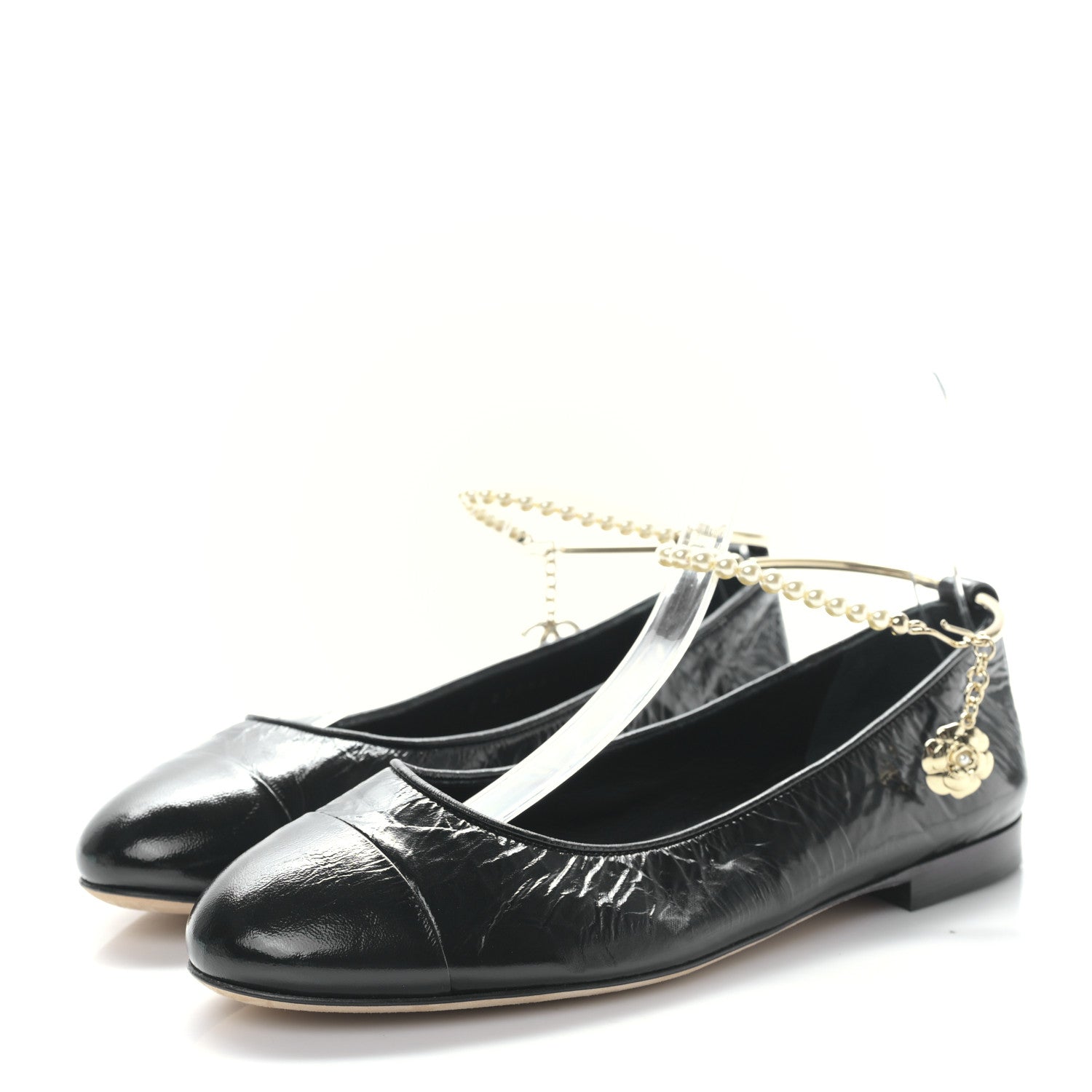Chanel Lambskin Patent Calfskin Cap Toe Ankle Chain Ballerina Flats 38 Black 3 of 8