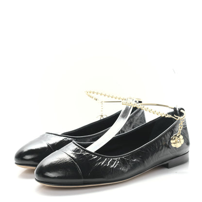Chanel Lambskin Patent Calfskin Cap Toe Ankle Chain Ballerina Flats 38 Black 3 of 8