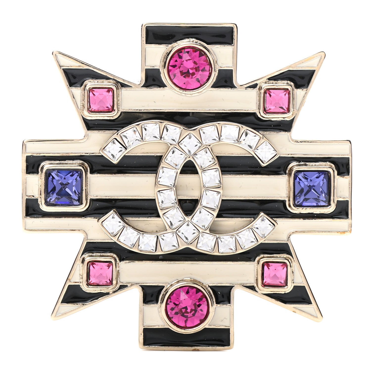 Chanel Crystal Enamel Stripe CC Brooch Black Gold 1 of 4