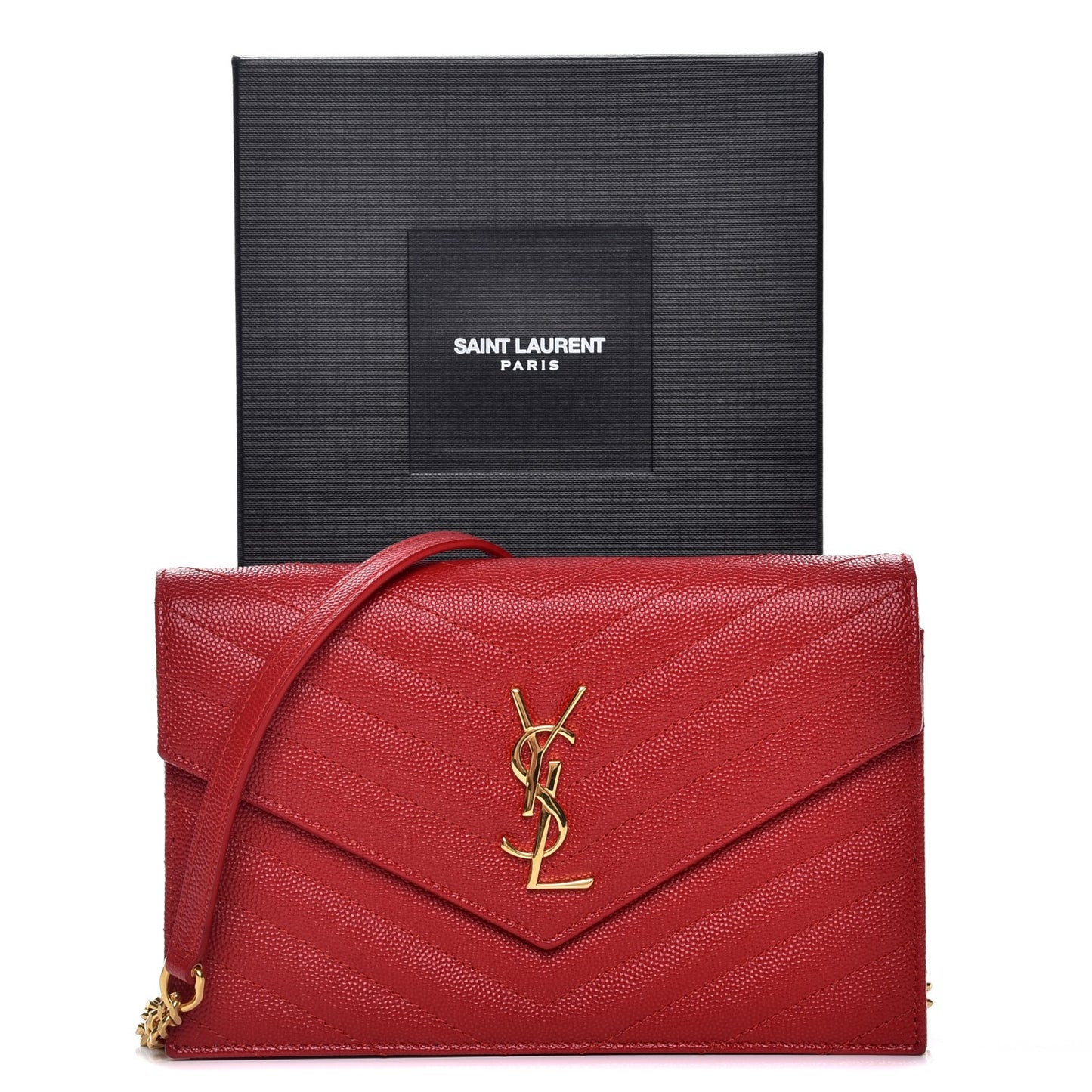 Grain De Poudre Matelasse Chevron Monogram Envelope Chain Wallet New Red