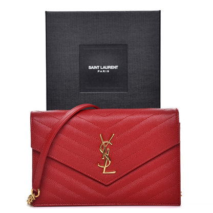 Saint Laurent Grain De Poudre Matelasse Chevron Monogram Envelope Chain Wallet New Red 9 of 9