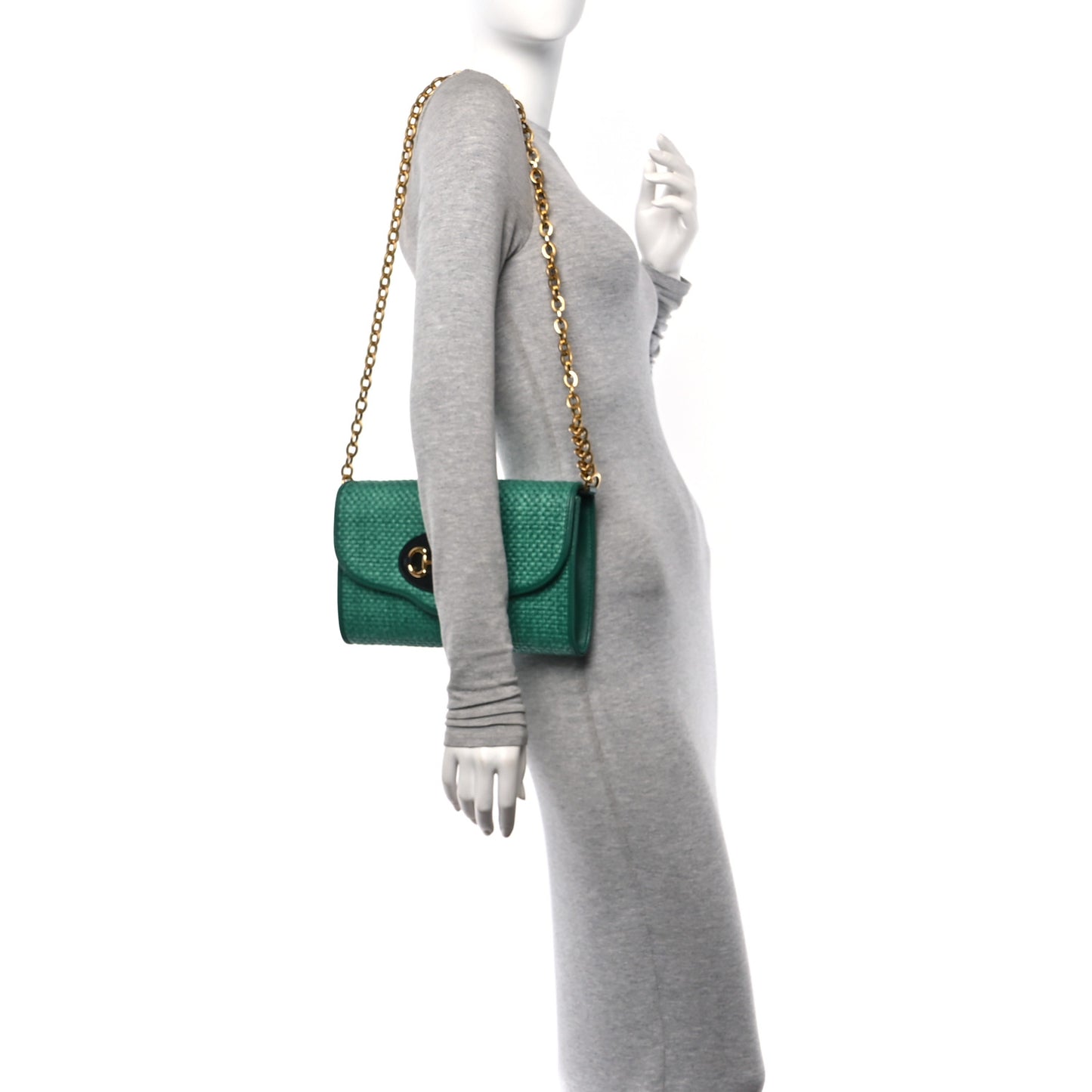 Straw Azalea Calfskin Mini Horsebit 1955 Chain Shoulder Bag Green Black