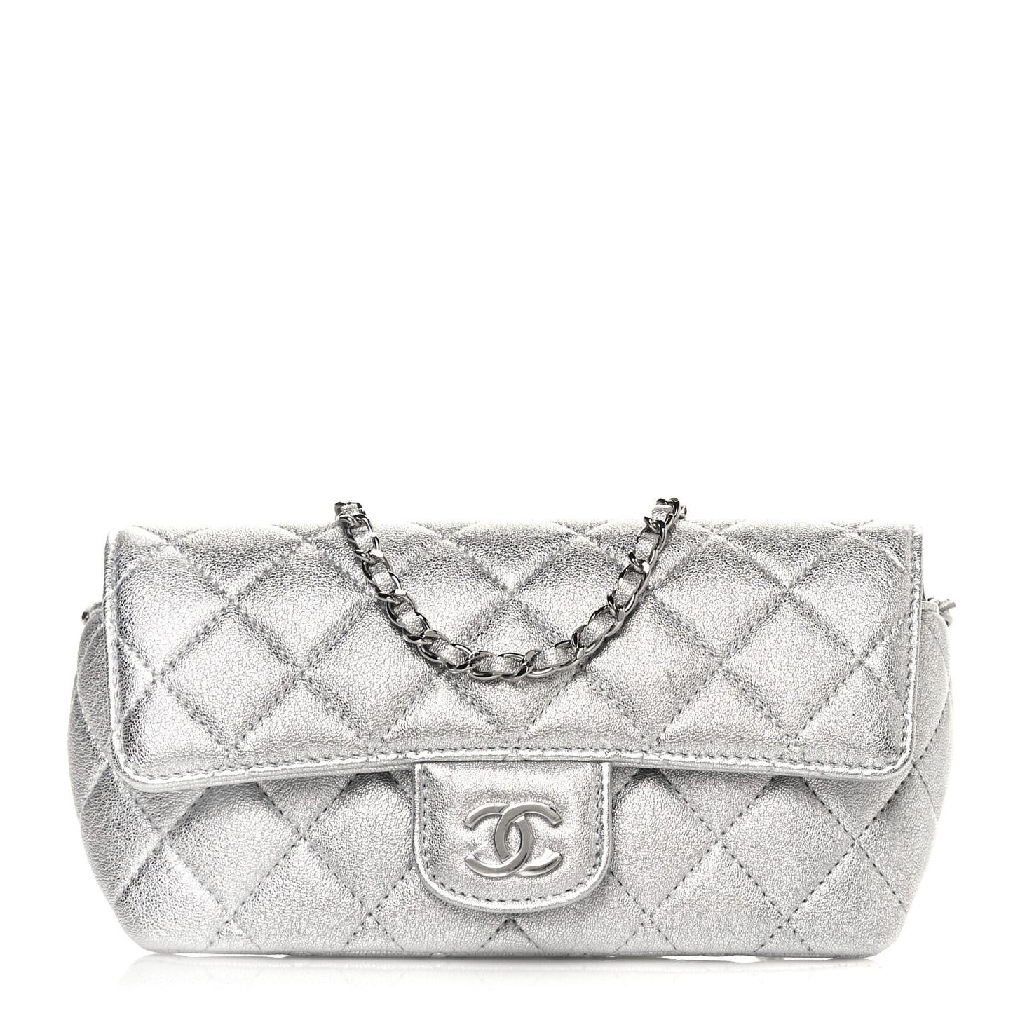 Metallic Lambskin Quilted Glasses Case With Chain Silver