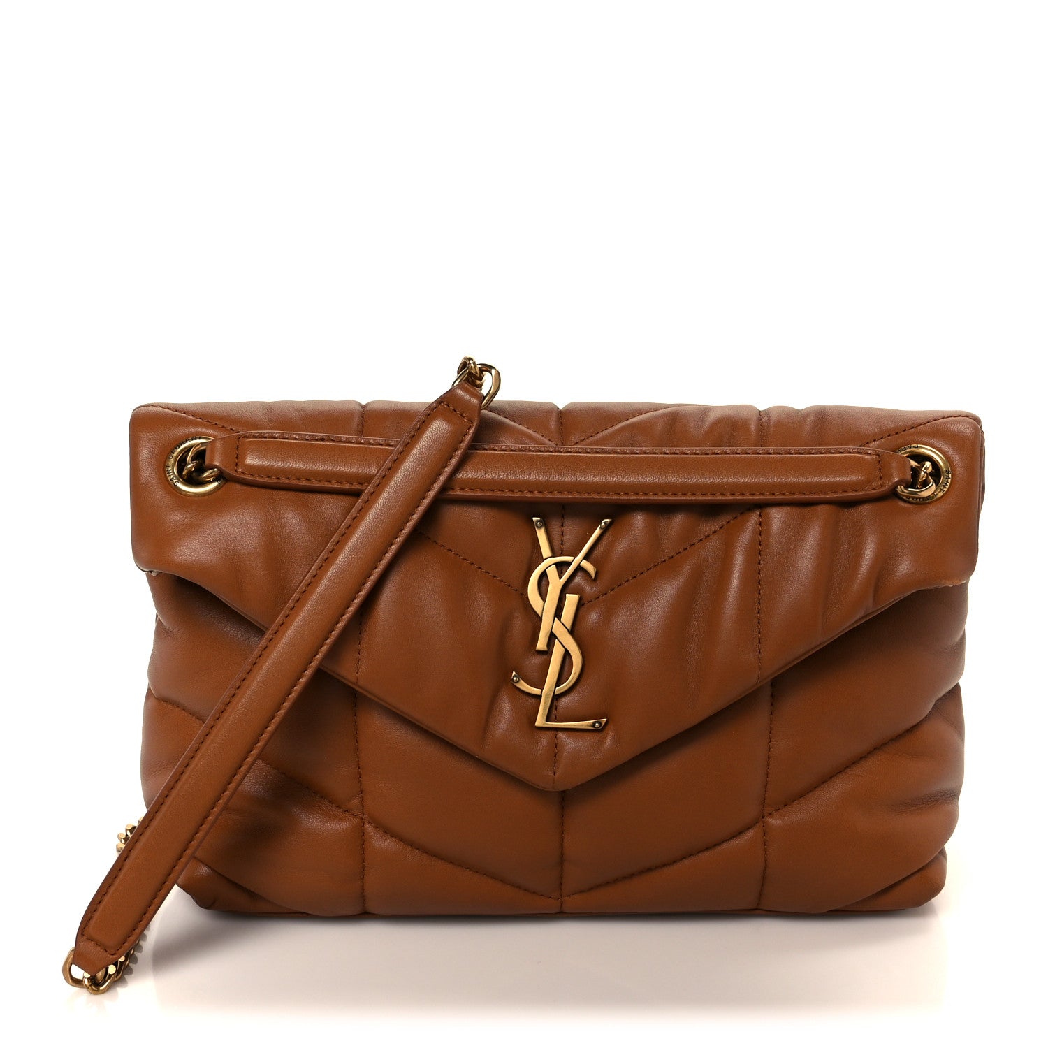 Saint Laurent Lambskin Quilted Small Loulou Puffer Monogram Chain Satchel Dark Honey 1 of 12