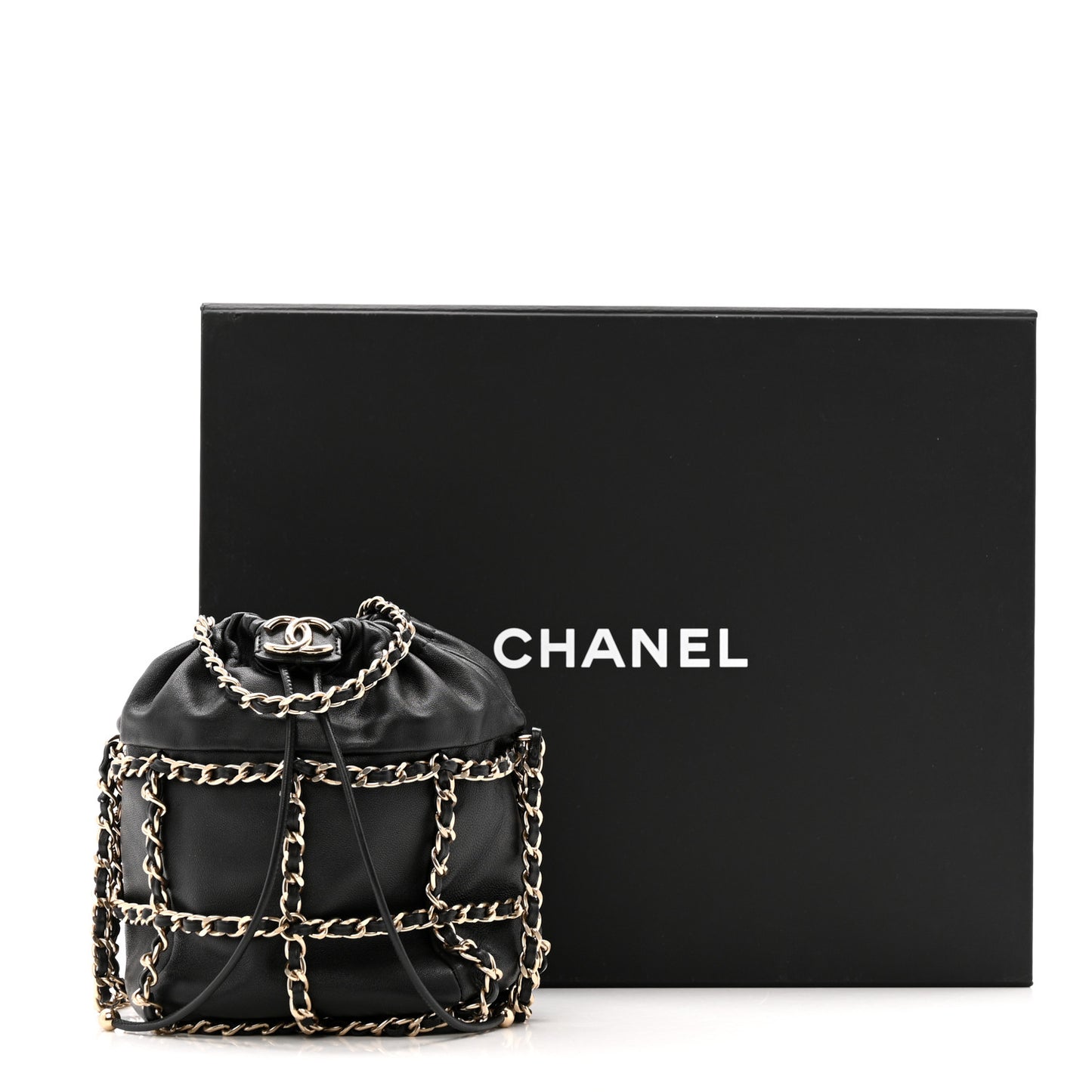 Lambskin Bucket Chain Drawstring Bag Black