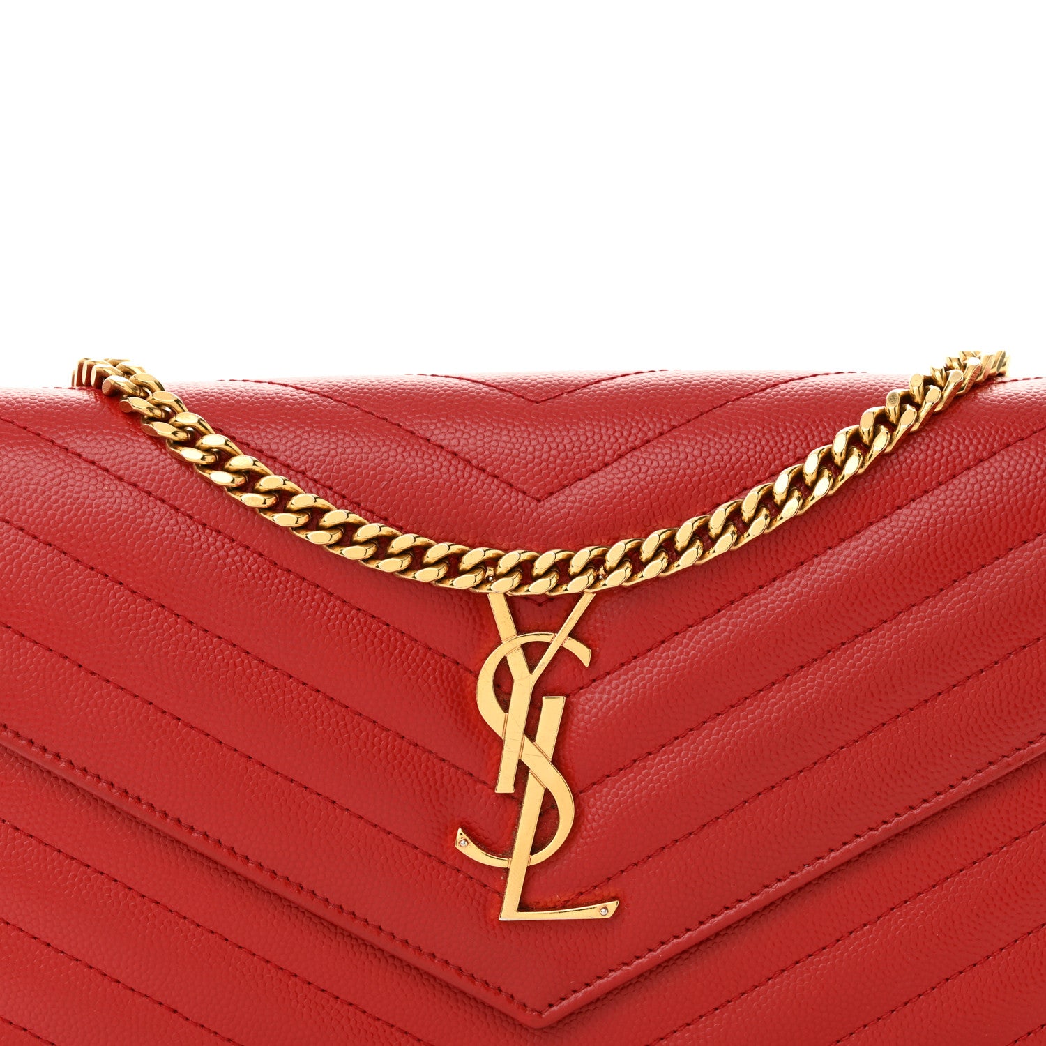 Saint Laurent Grain De Poudre Matelasse Chevron Monogram Chain Wallet Red 9 of 14