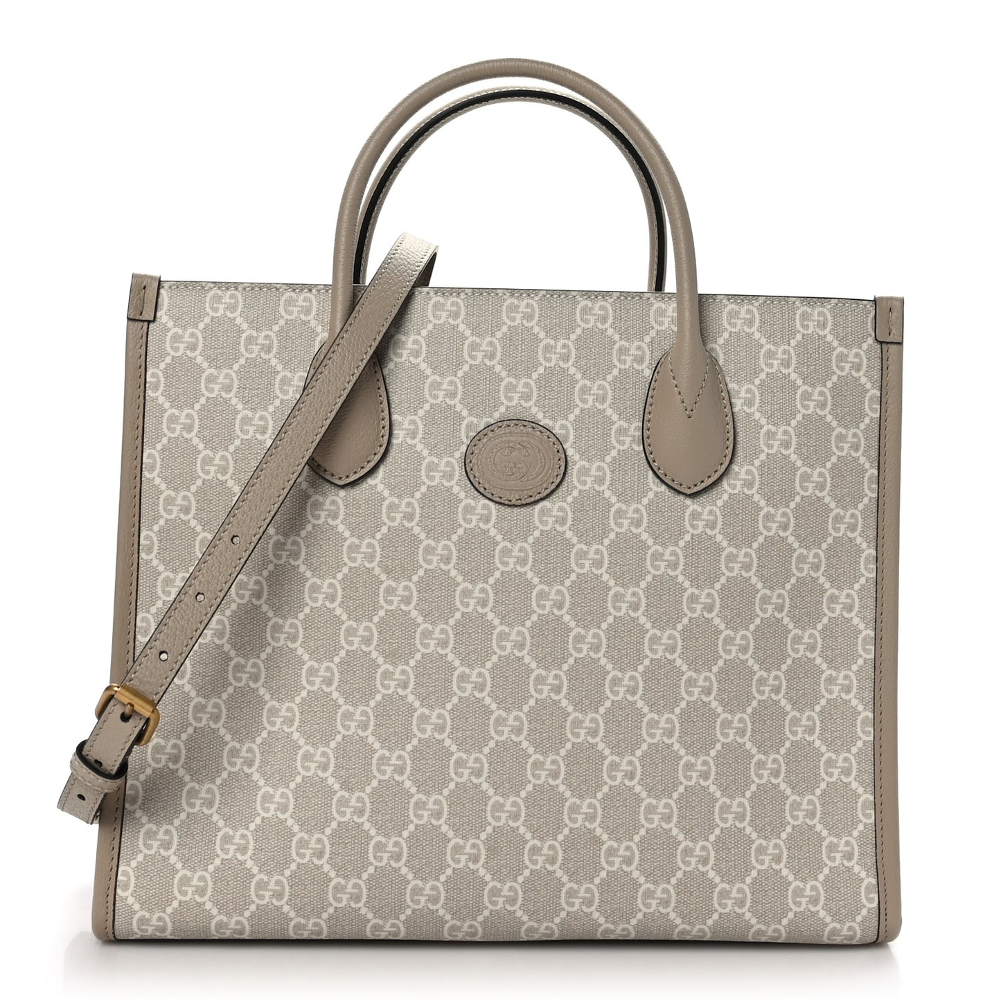 GG Supreme Monogram Textured Dollar Calfskin Small Retro Interlocking G Tote Bag Beige Mystic White Oatmeal