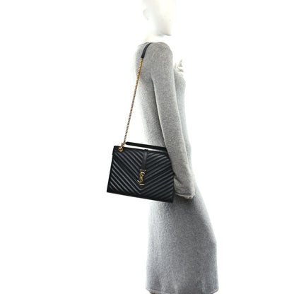 Saint Laurent Grain De Poudre Matelasse Chevron Large Monogram Satchel Black 2 of 10