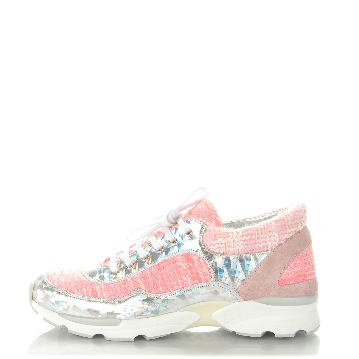Chanel Tweed Suede Calfskin Sneakers 38.5 Silver Pink 1 of 8