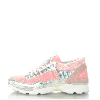 Chanel Tweed Suede Calfskin Sneakers 38.5 Silver Pink 1 of 8