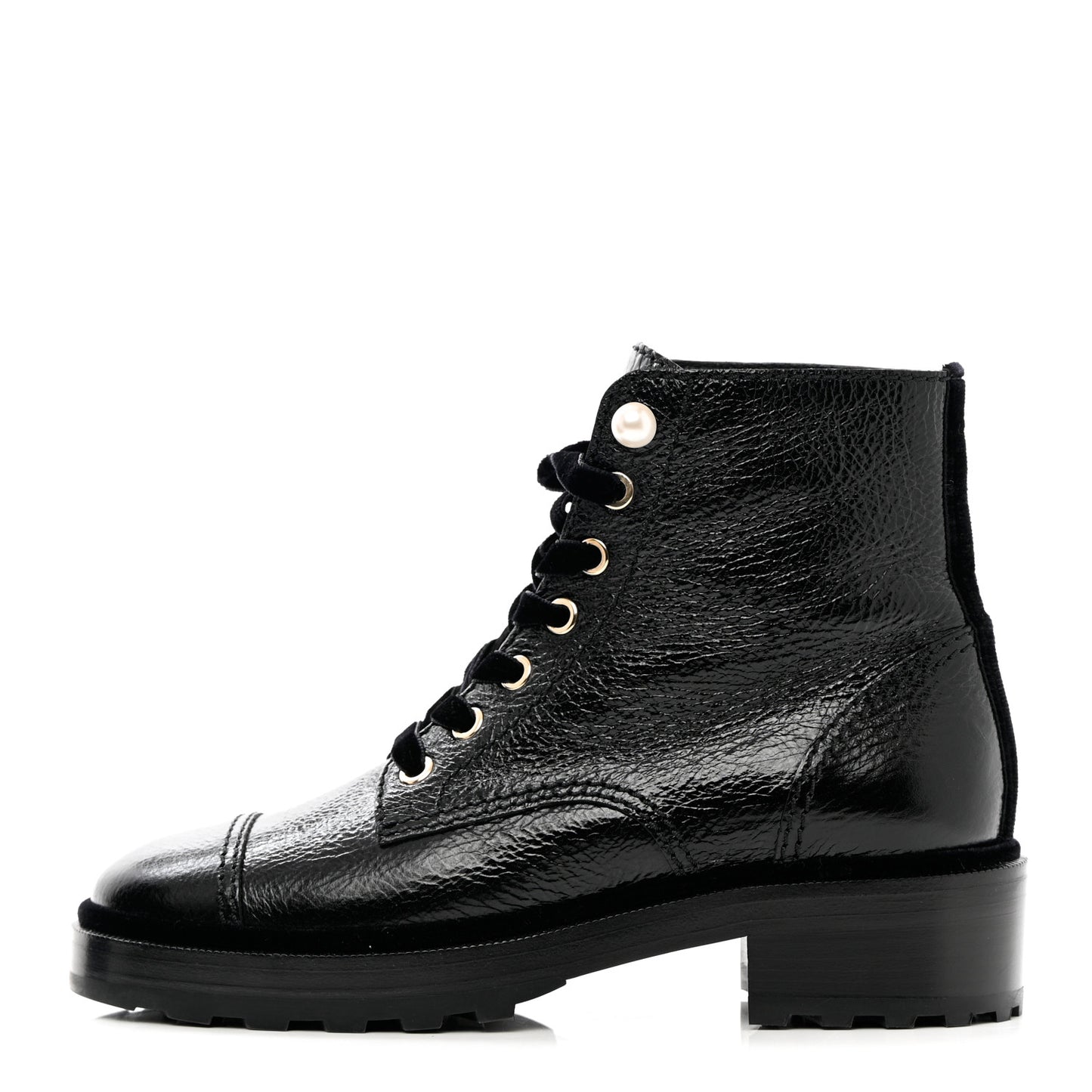 Shiny Calfskin Velvet Pearl Combat Short Boots 37.5 Black