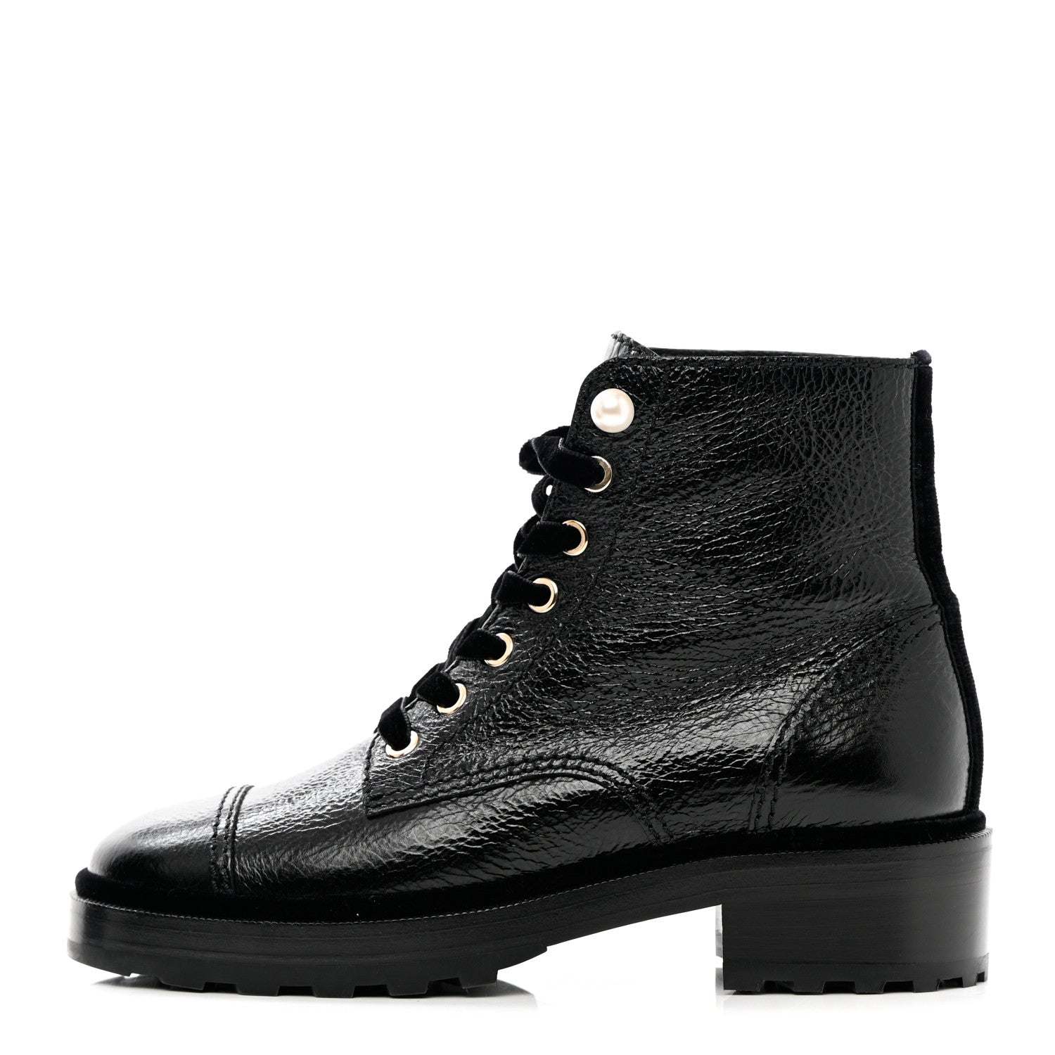 Chanel Shiny Calfskin Velvet Pearl Combat Short Boots 37.5 Black 1 of 10