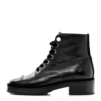 Chanel Shiny Calfskin Velvet Pearl Combat Short Boots 37.5 Black 1 of 10