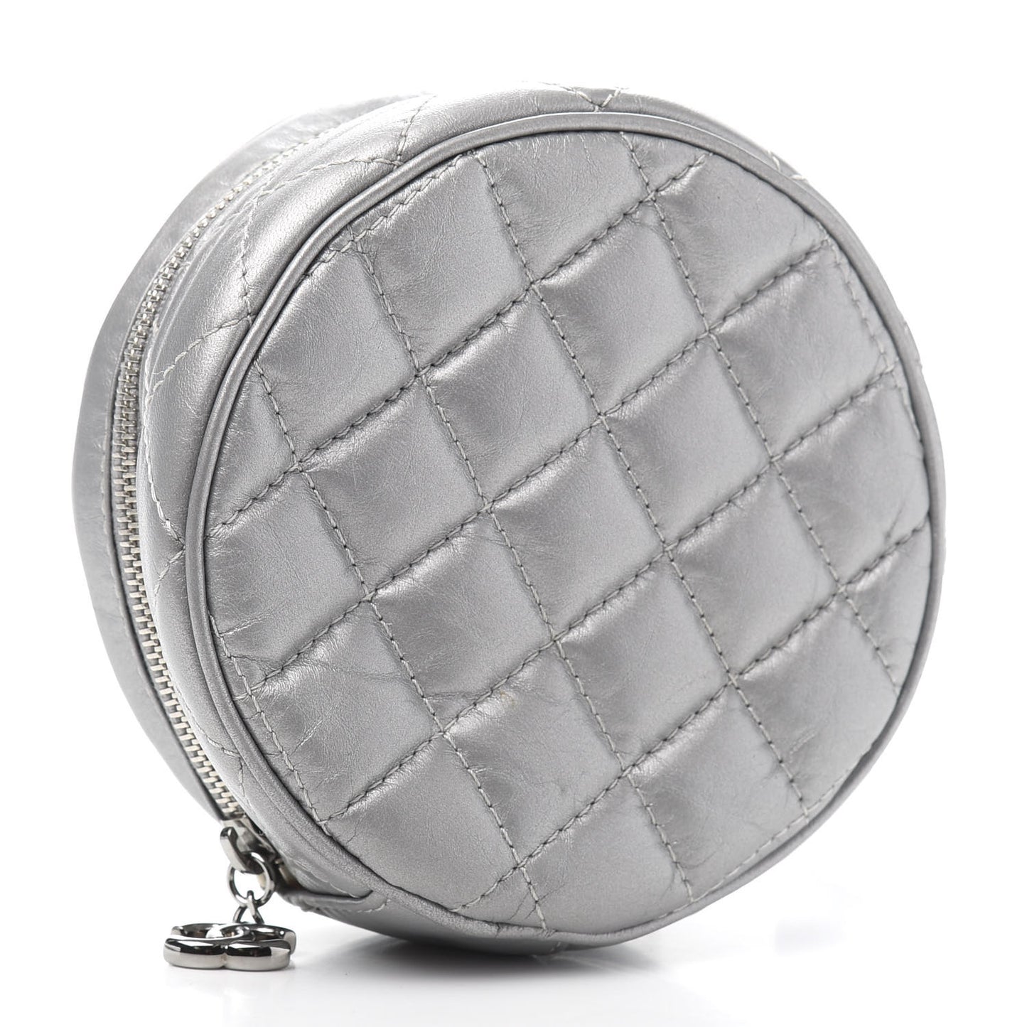 Metallic Aged Calfskin Quilted Round Bag Silver