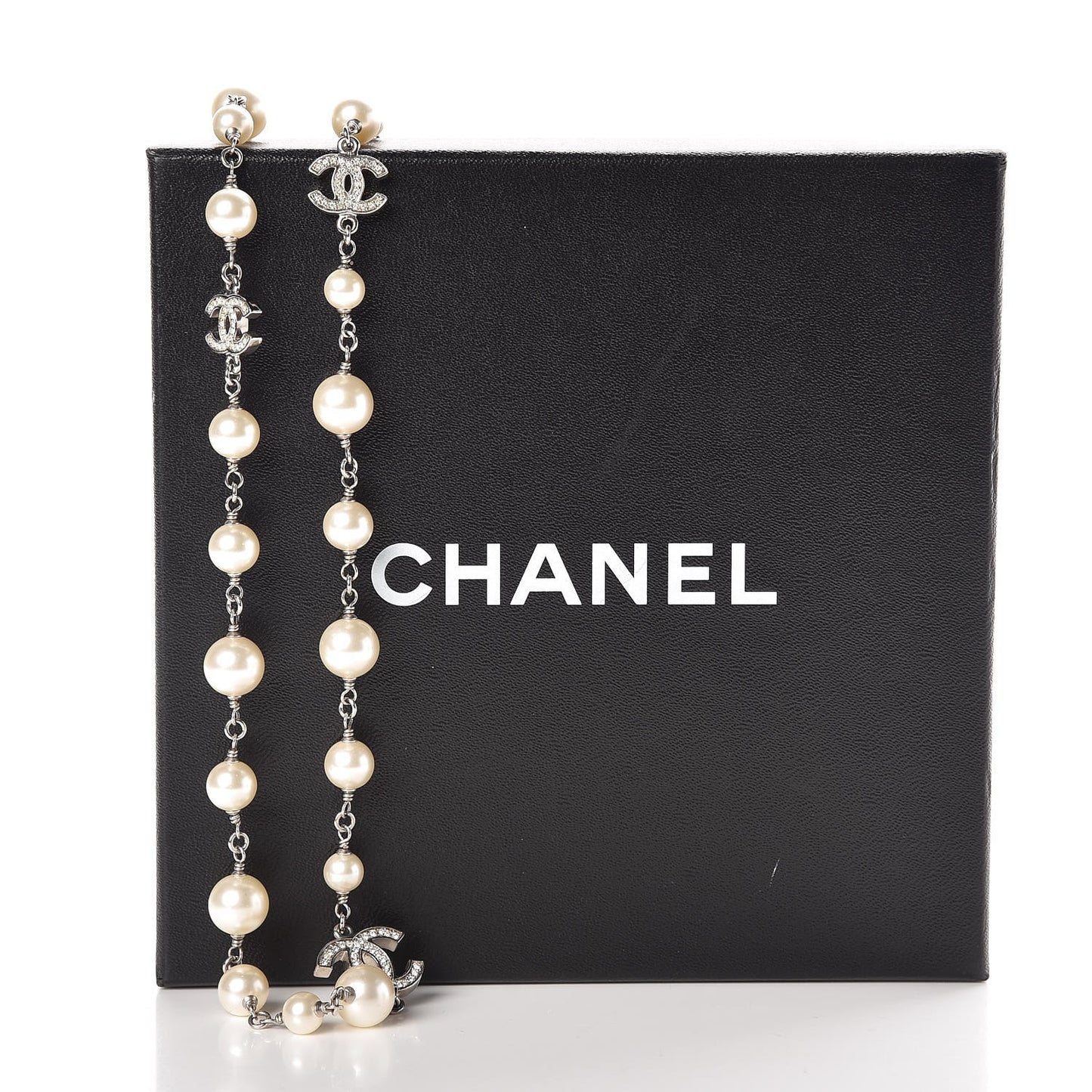 Crystal Pearl CC Long Necklace Silver