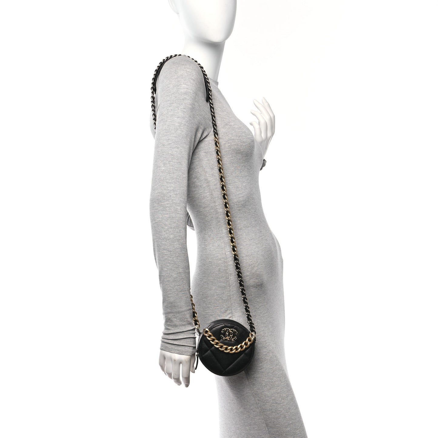 Lambskin Quilted Chanel 19 Round Clutch With Chain Black
