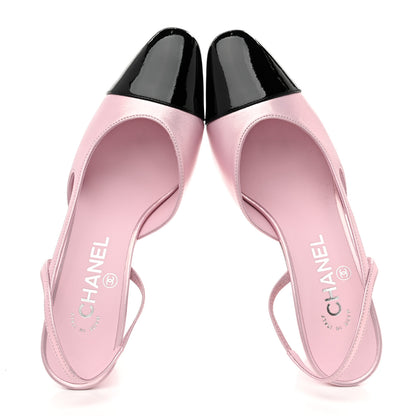 Chanel Laminated Lambskin Patent Cap Toe CC Slingback Pumps 37 Light Pink Black 3 of 10