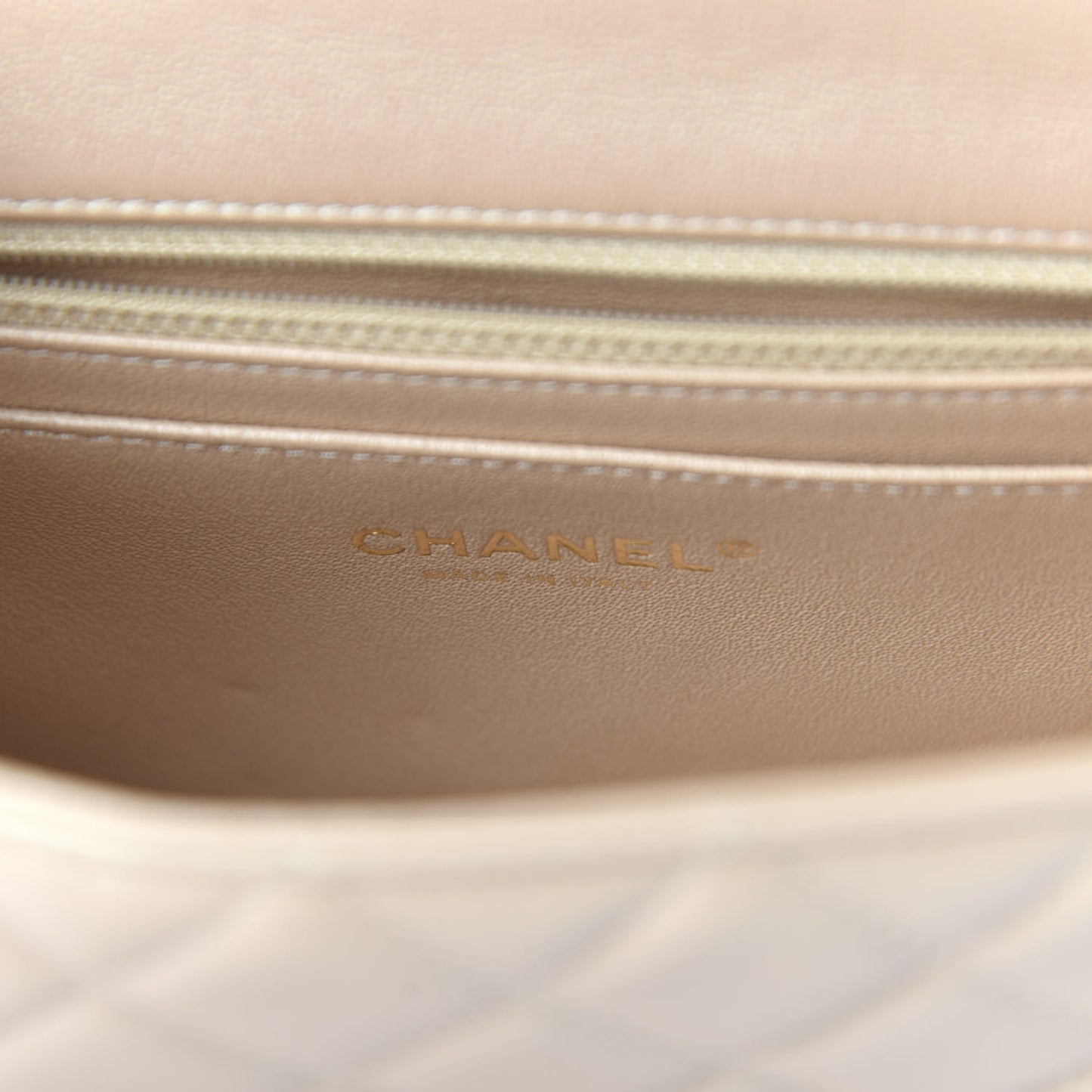 Iridescent Calfskin Quilted Mini Rectangular Flap Beige