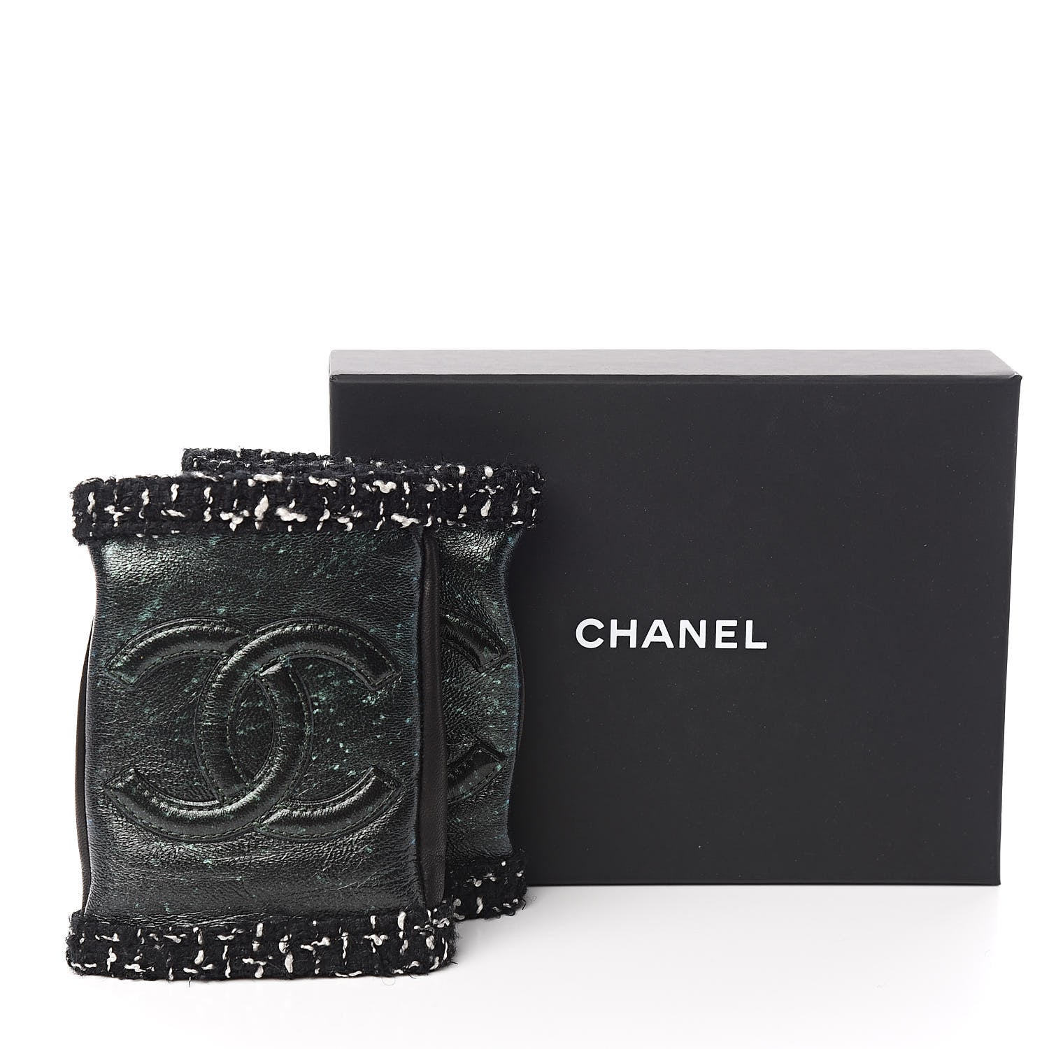Chanel Metallic Lambskin Tweed CC Fingerless Gloves 6.5 Black Green 5 of 5