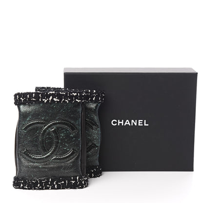Chanel Metallic Lambskin Tweed CC Fingerless Gloves 6.5 Black Green 5 of 5