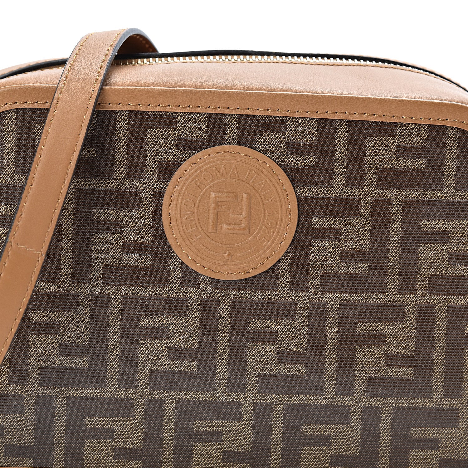 Fendi Glazed Fabric Vitello Century FF 1974 Stamp Patch Camera Case Mogano Panna Caramello 8 of 10