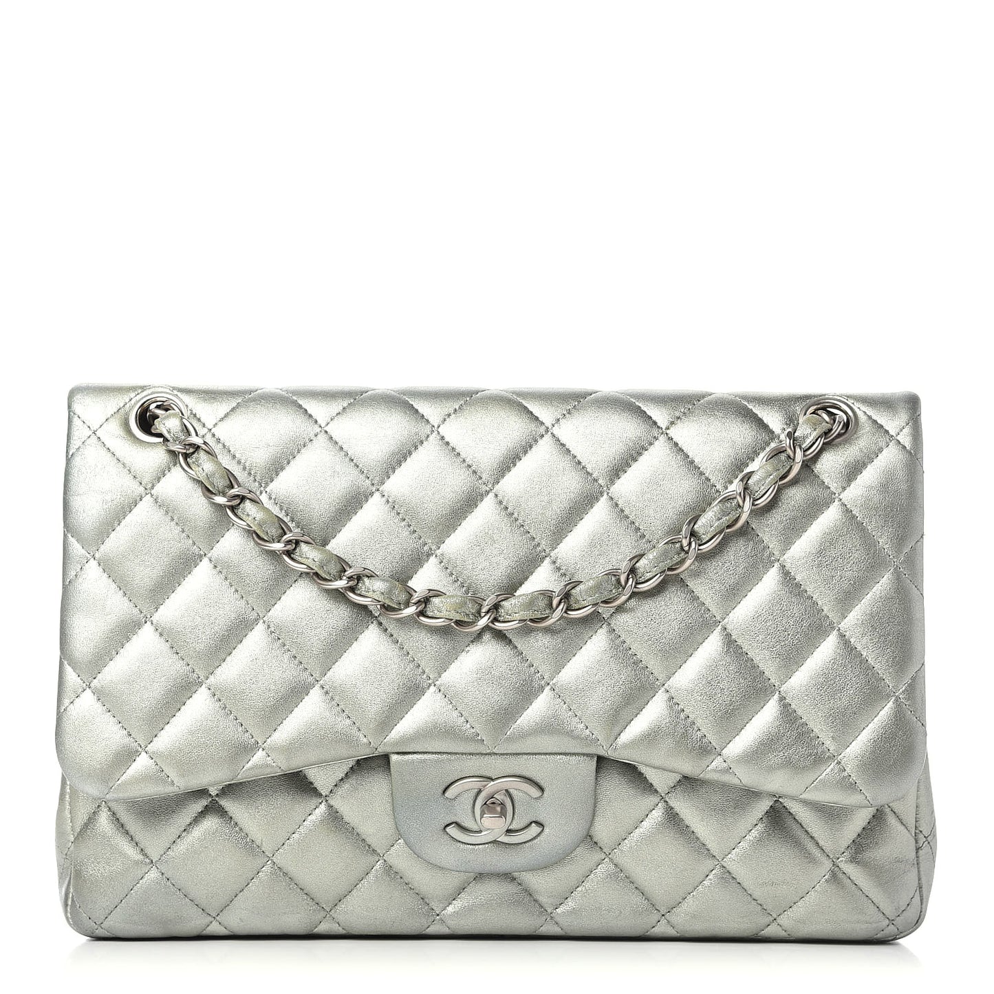 Metallic Lambskin Quilted Jumbo Double Flap Green