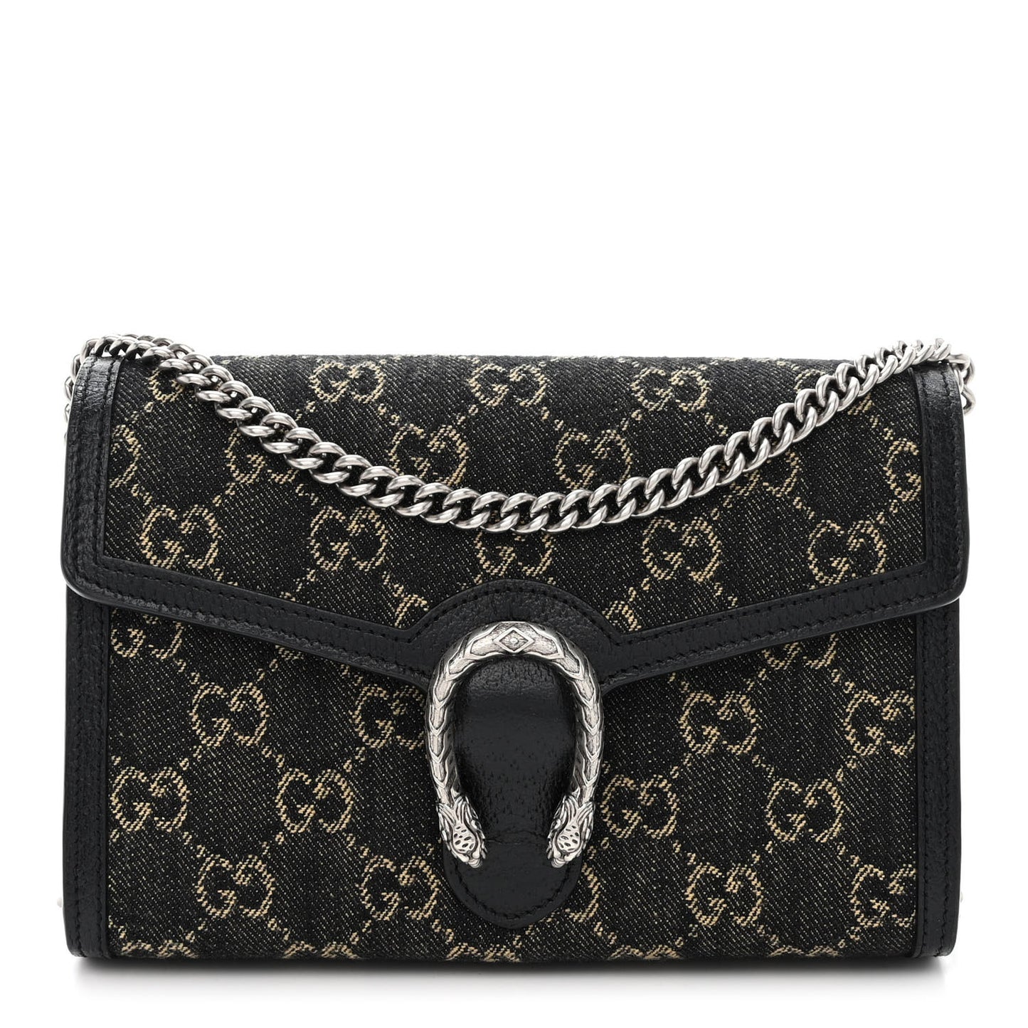 Jacquard Black Denim GG Monogram Mini Dionysus Chain Wallet Black Ivory
