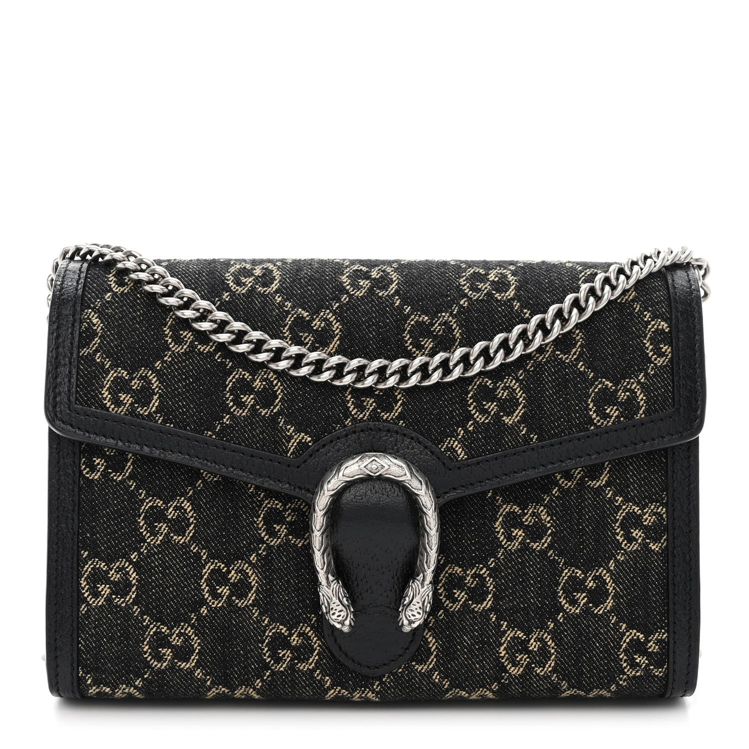 Gucci Jacquard Black Denim GG Monogram Mini Dionysus Chain Wallet Black Ivory 1 of 10