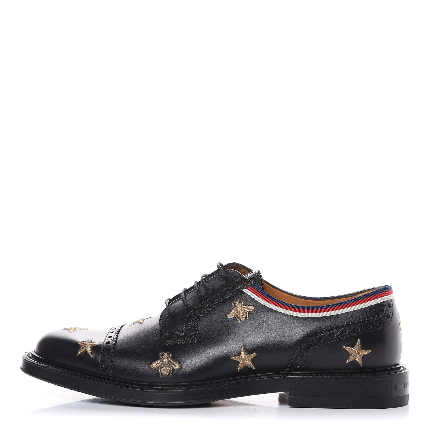 Gucci Calfskin Bee Star Embroidered Mens Captoe Derby Loafers 7 Black 1 of 10
