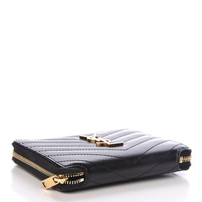 Saint Laurent Grain De Poudre Matelasse Chevron Monogram Compact Zip Around Wallet Black 4 of 8