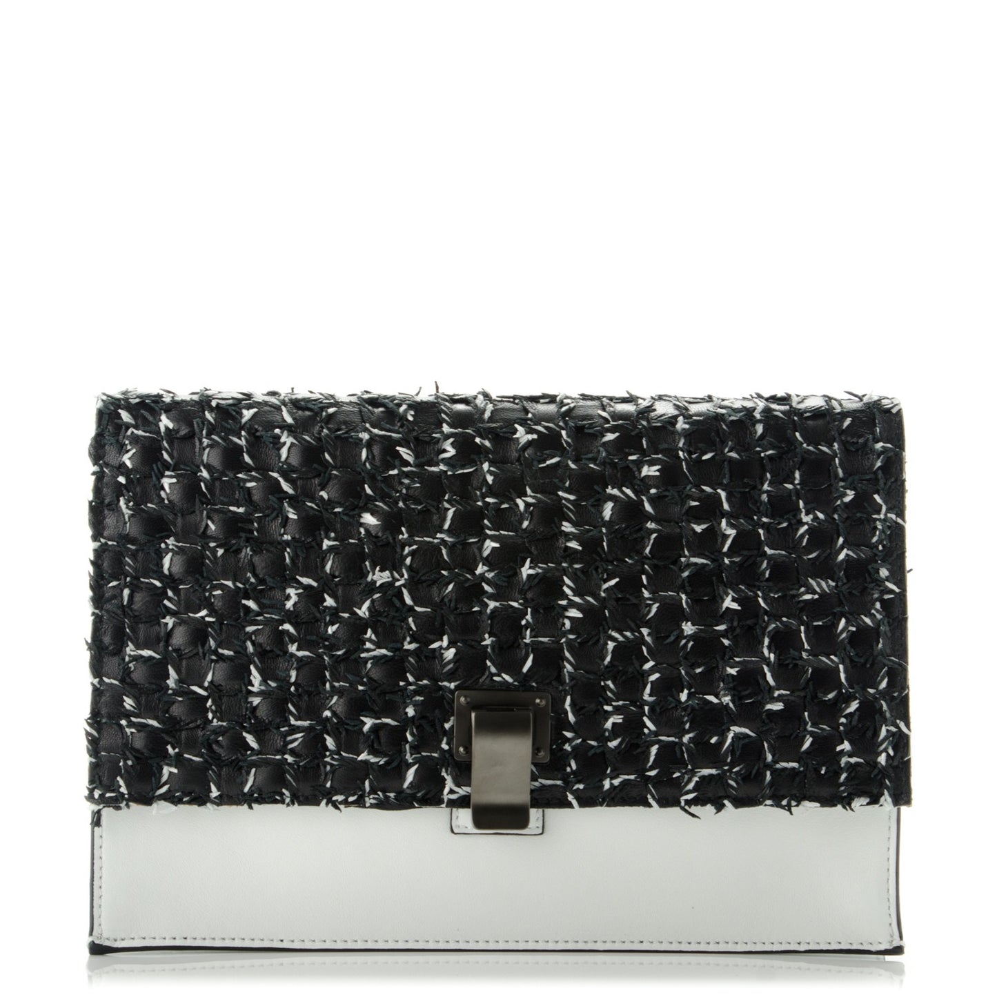 Lambskin Woven Small Lunch Bag Clutch Black White
