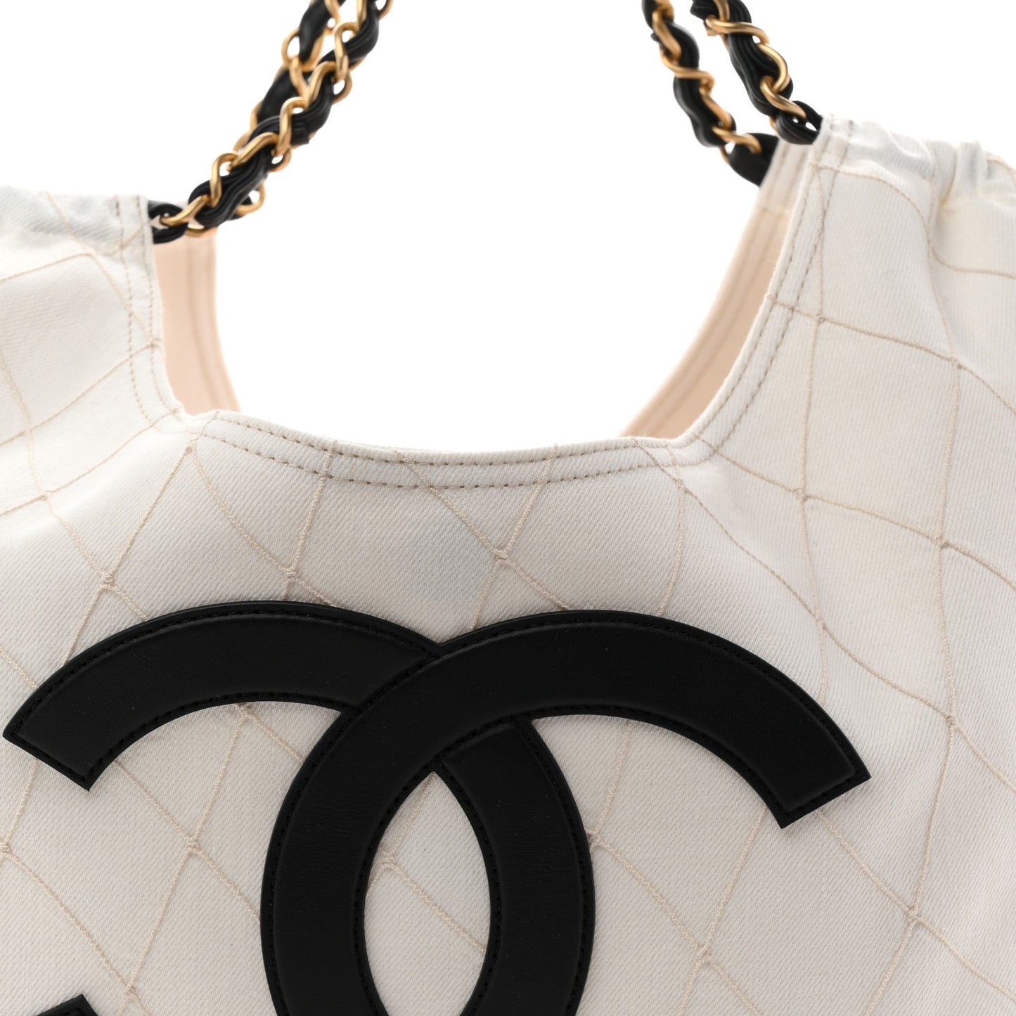 Denim Calfskin Quilted Coco Beach Small Shopping Tote White Black