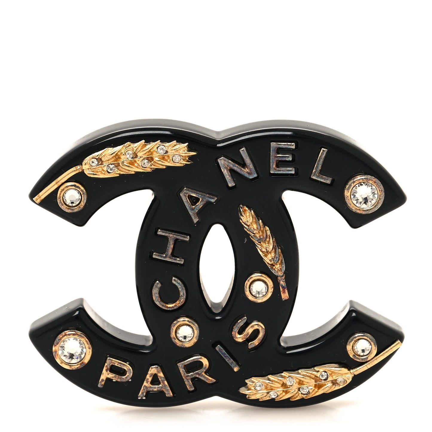 Resin Crystal Chanel Paris Logo CC Brooch Black Gold