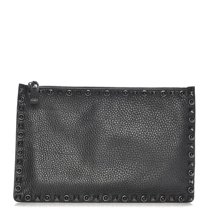 Valentino Garavani Pebbled Calfskin Onyx Large Rockstud Rolling Zip Pouch Black 1 of 8