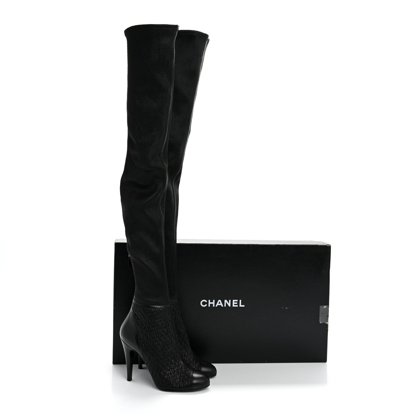 Calfskin Embossed Cap Toe CC Over The Knee Boots  40 Black