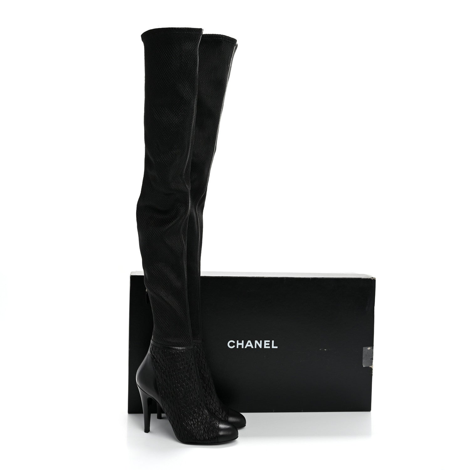 Chanel Calfskin Embossed Cap Toe CC Over The Knee Boots  40 Black 10 of 10