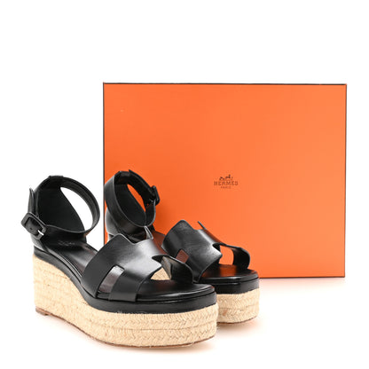 Hermes Goatskin Elda Espadrille Wedge Sandals 39 Black 9 of 9
