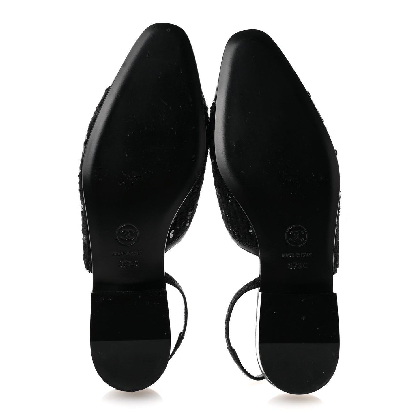 Glittered Wool Tweed Patent Calfskin Cap Toe CC Slingback Flats 37.5 Black