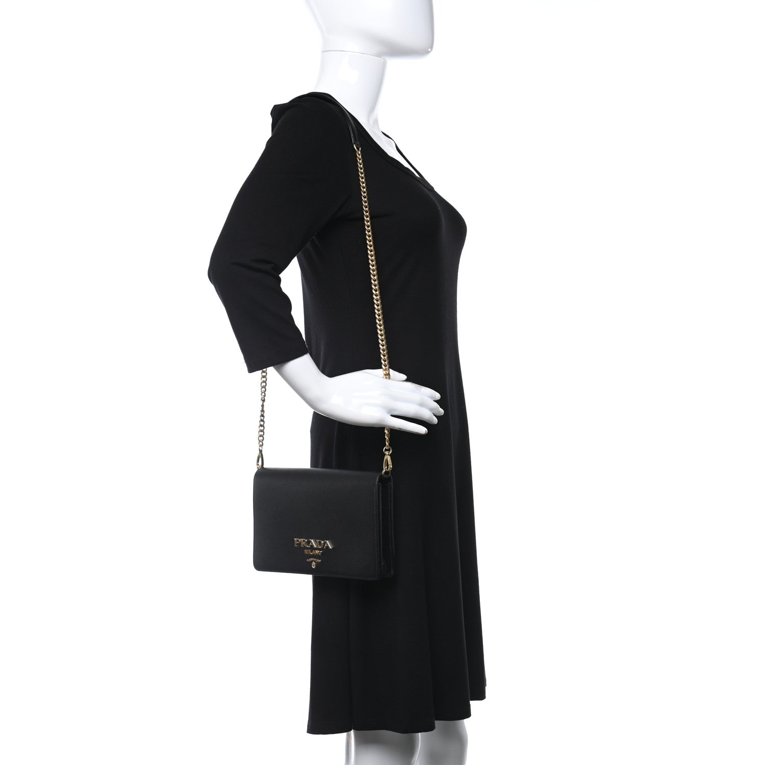 Prada Saffiano Lux Metal Logo Chain Flap Crossbody Bag Black 2 of 8
