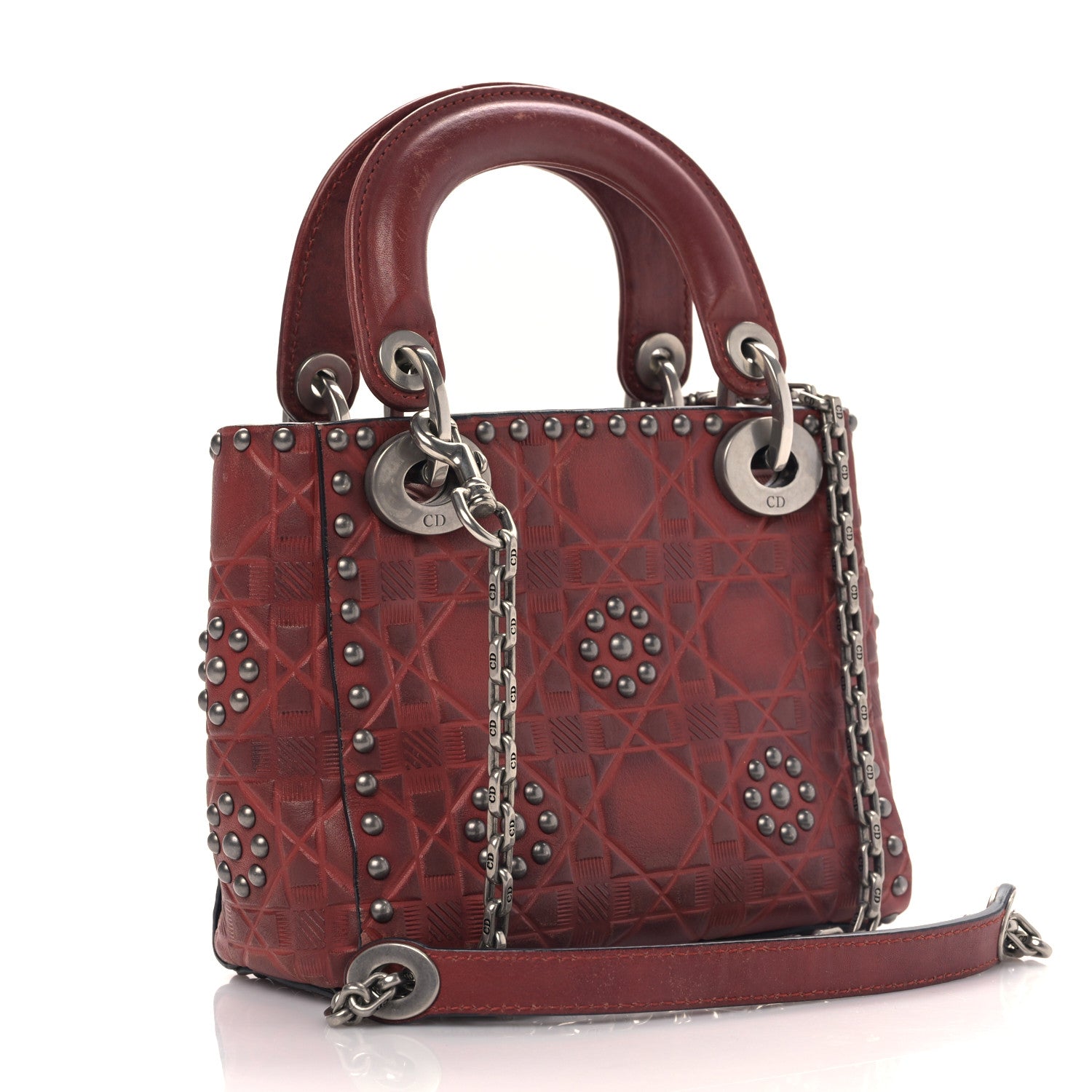 Christian Dior Calfskin Embossed Cannage Flower Studded Mini Lady Dior Bag Red 3 of 8