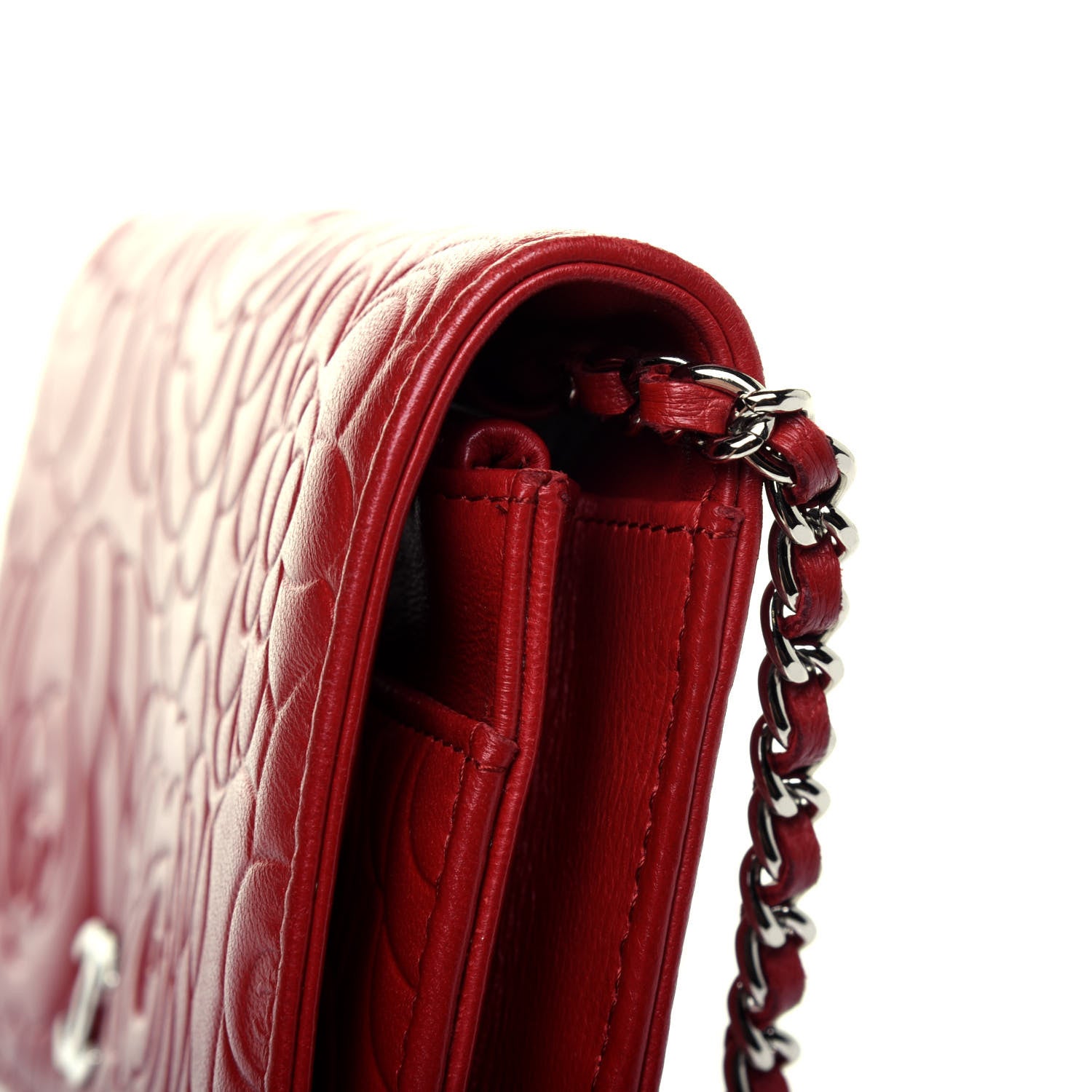 Chanel Lambskin Camellia Embossed Wallet On Chain WOC Red 18 of 21