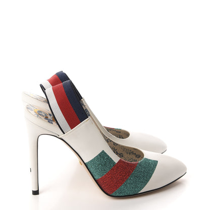 Gucci Calfskin Glitter Web High Heel Slingback Pumps 37.5 White 4 of 12